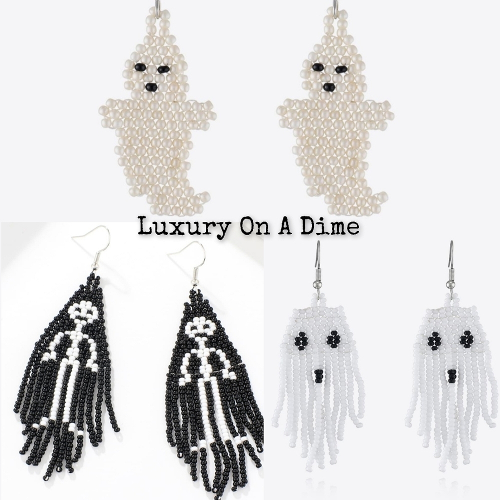 Spooky Fun Beaded Long Dangle Earrings Halloween Jewelry Artisan Fall Costume